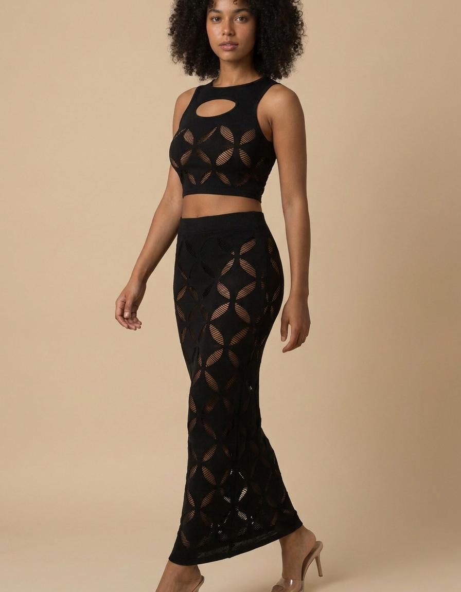Nadia | Conjunto top y falda larga calada - Negro