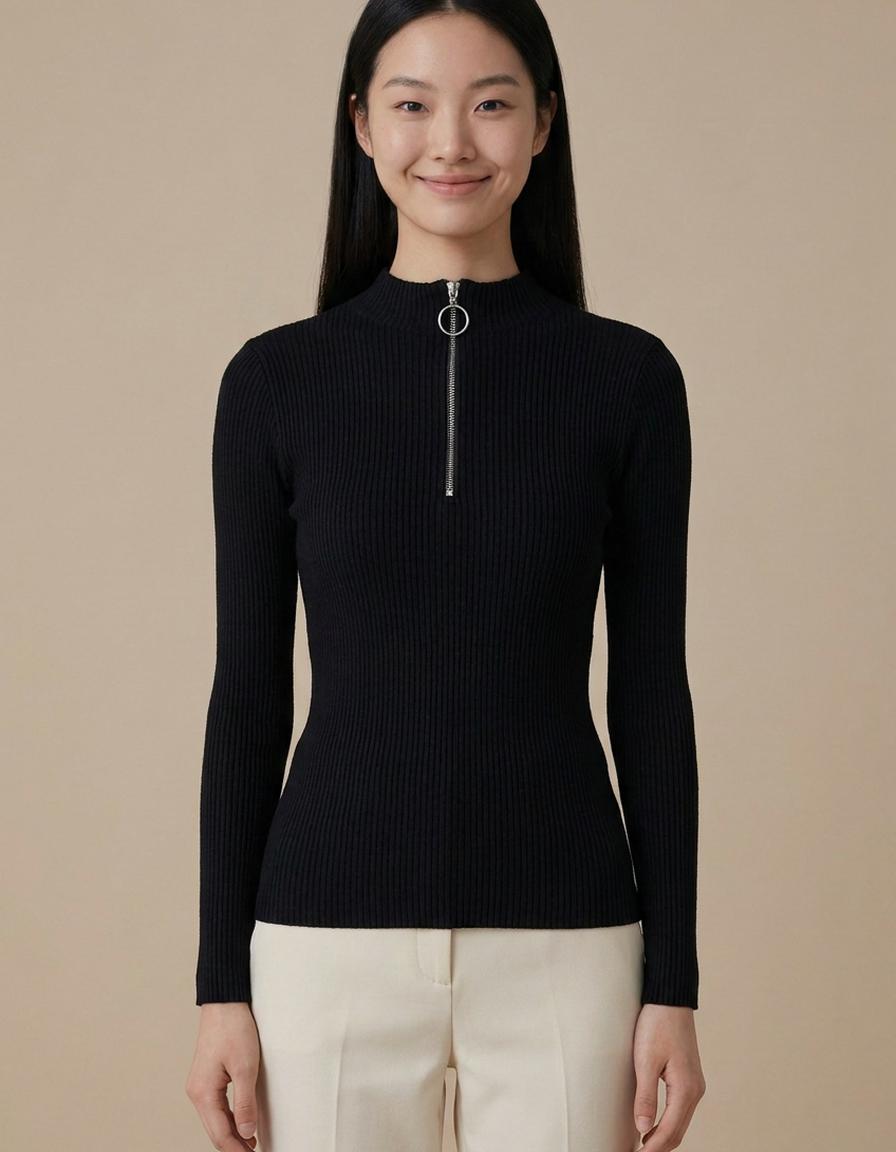 Margarita | Jersey de canalé con media cremallera - Negro