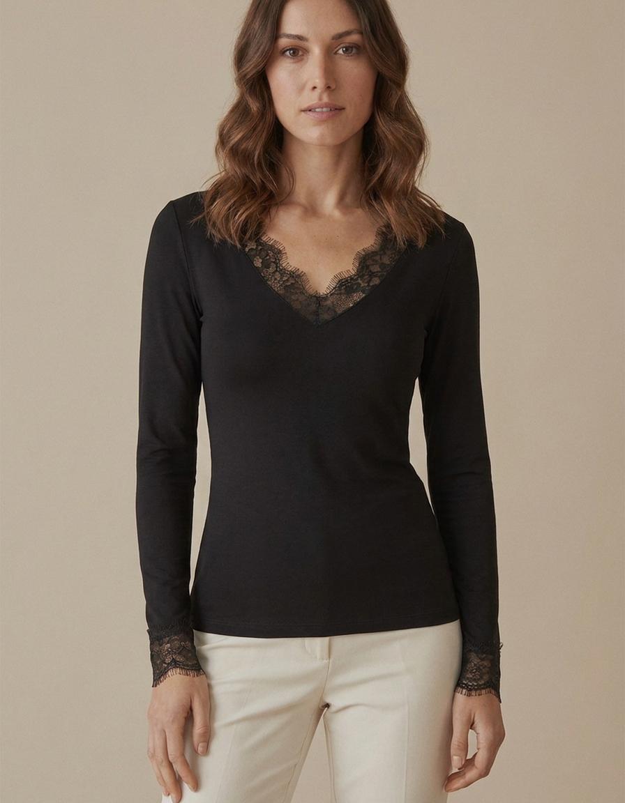 Carlota | Camiseta de cuello pico con encaje - Negro