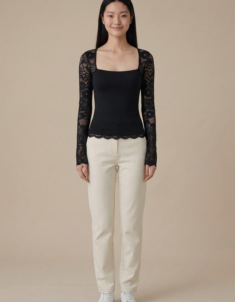 Belén | Top de cuello cuadrado con mangas de encaje - Negro