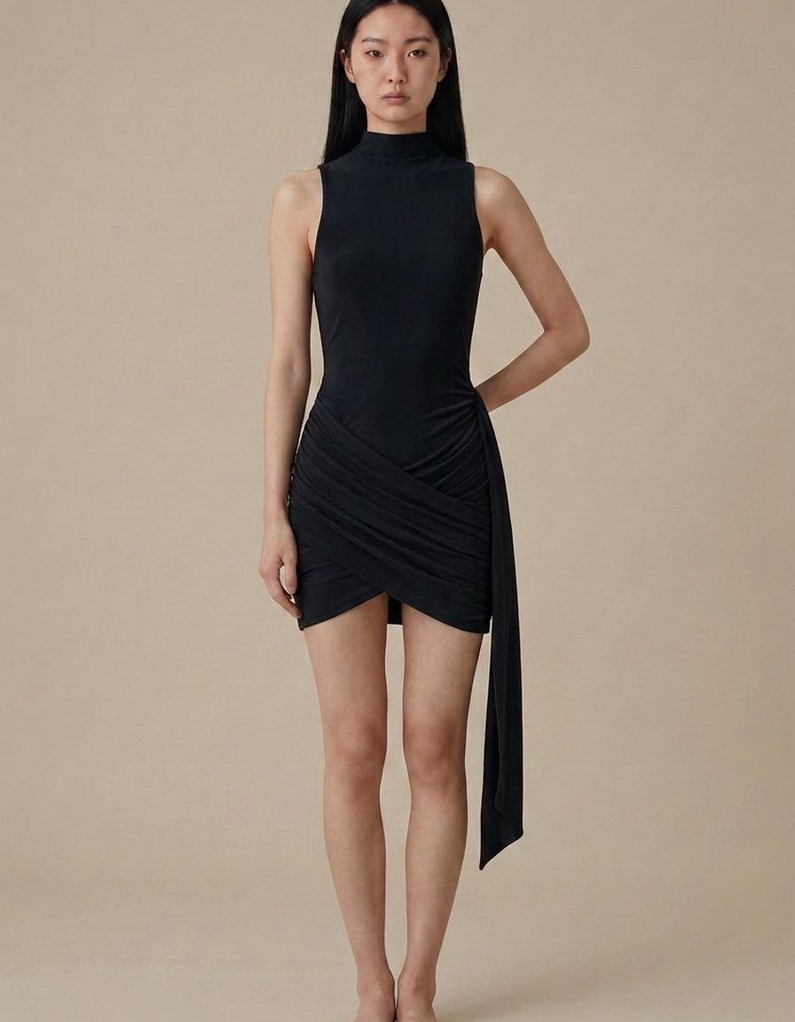 Lía | Vestido corto cuello alto fruncido - Negro