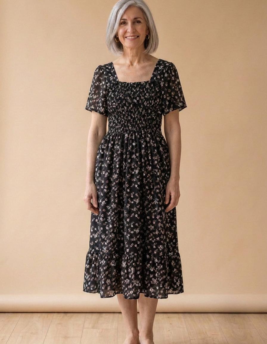 Carmen | Vestido midi de gasa fruncido - Negro