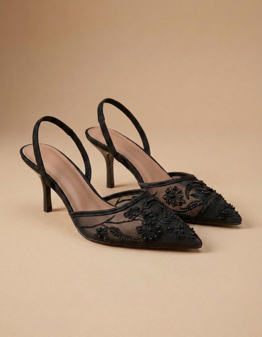 Helena | Zapatos destalonados de encaje con tacón - Negro