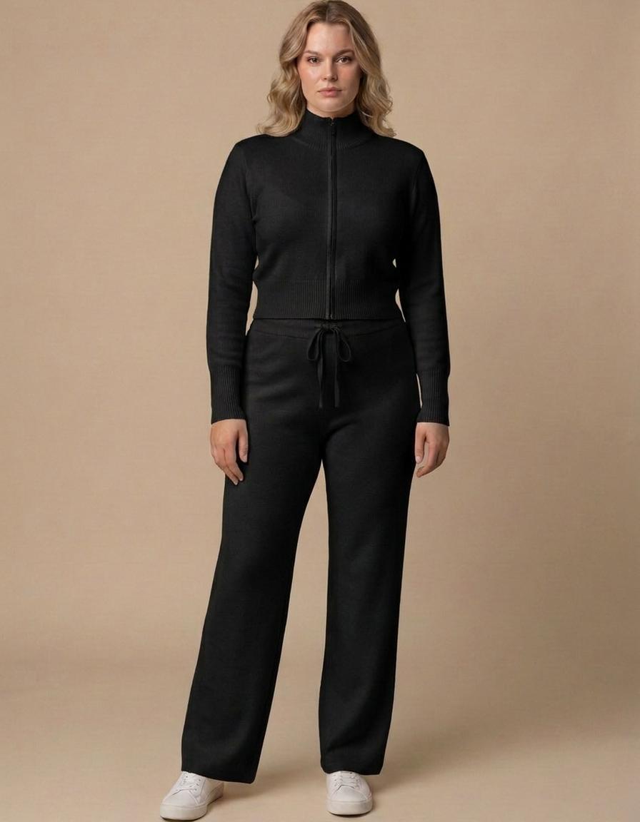 Lara | Conjunto de punto cárdigan y pantalón ancho - Negro
