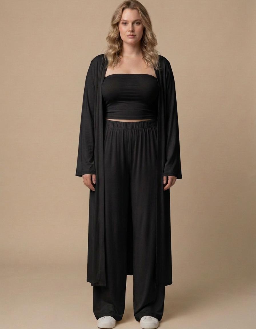 Martina | Conjunto tres piezas top, cárdigan y pantalón - Negro