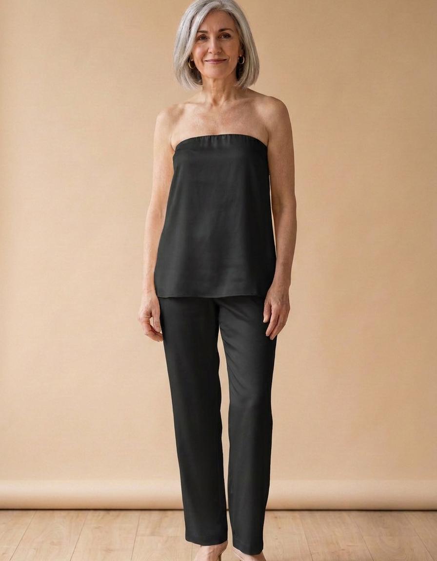 Silvia | Conjunto de satén top y pantalón - Negro