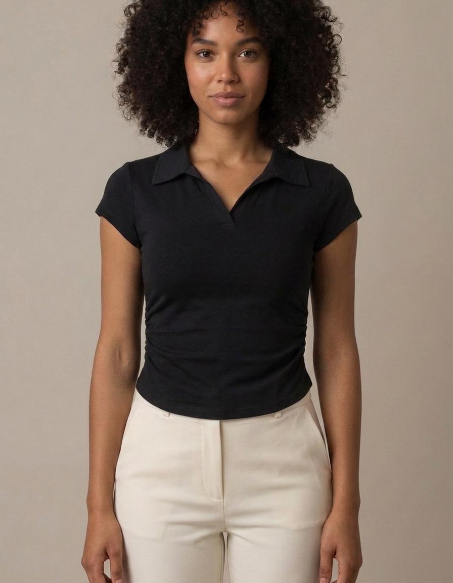 Camila | Camiseta polo corta con fruncido - Negro