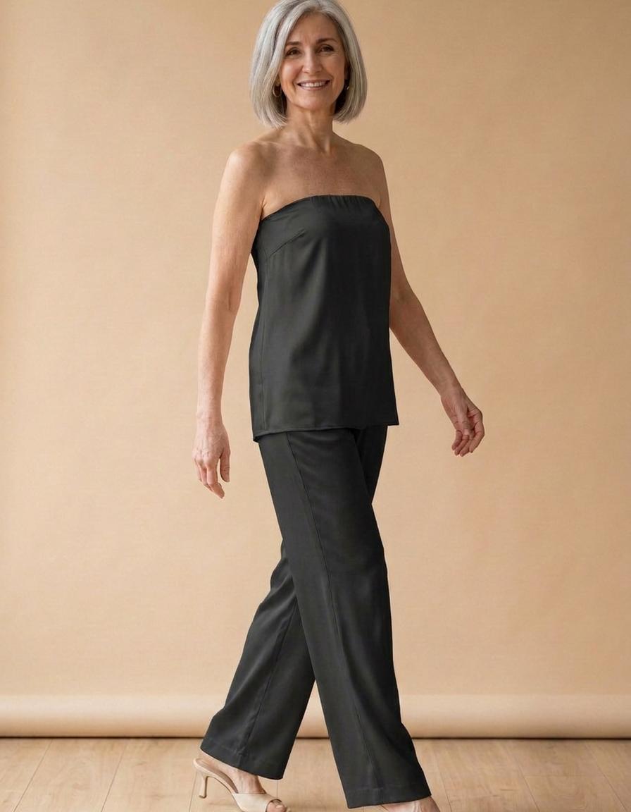 Silvia | Conjunto de satén top y pantalón - Negro