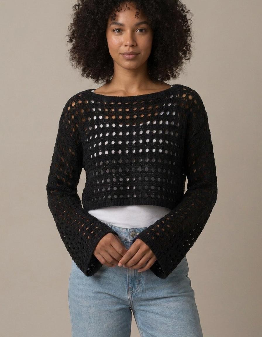 Maite | Top de crochet calado de manga larga - Negro