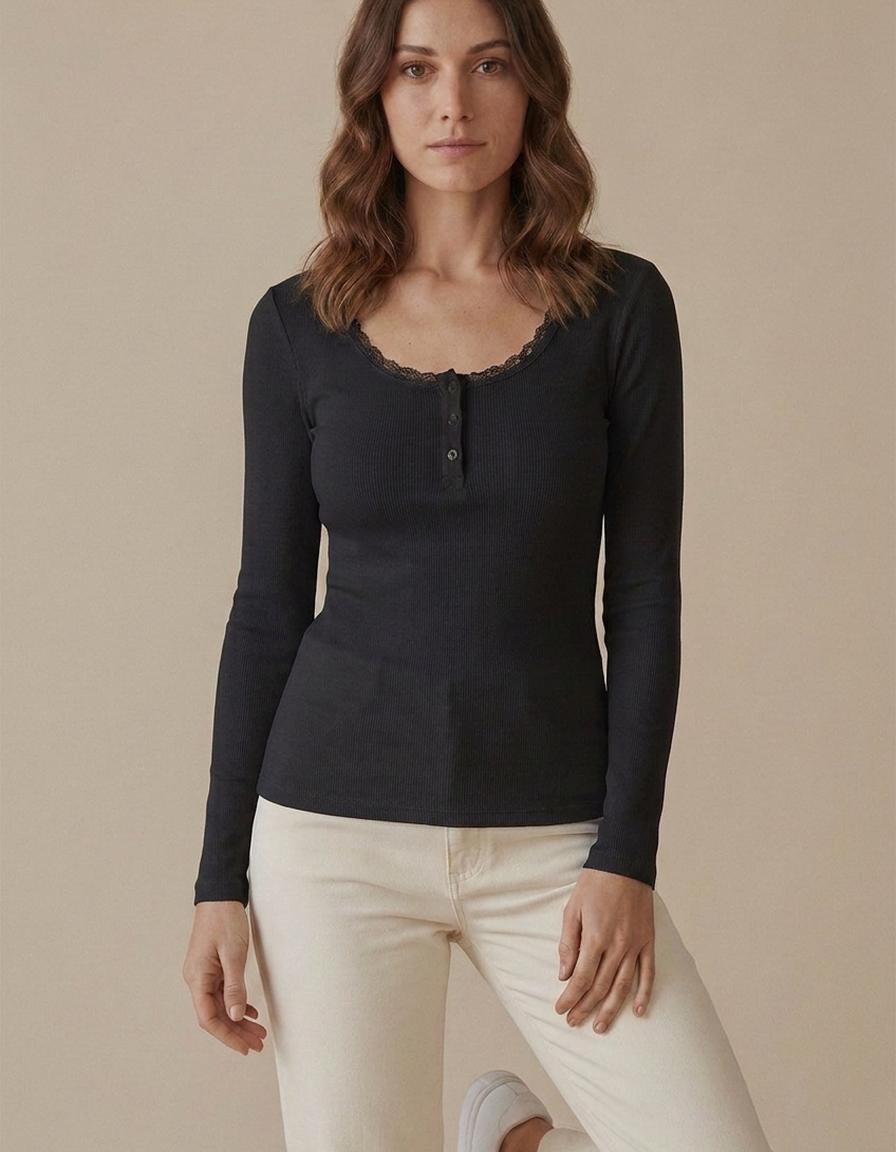 Beatriz | Camiseta de canalé con encaje y botones - Negro