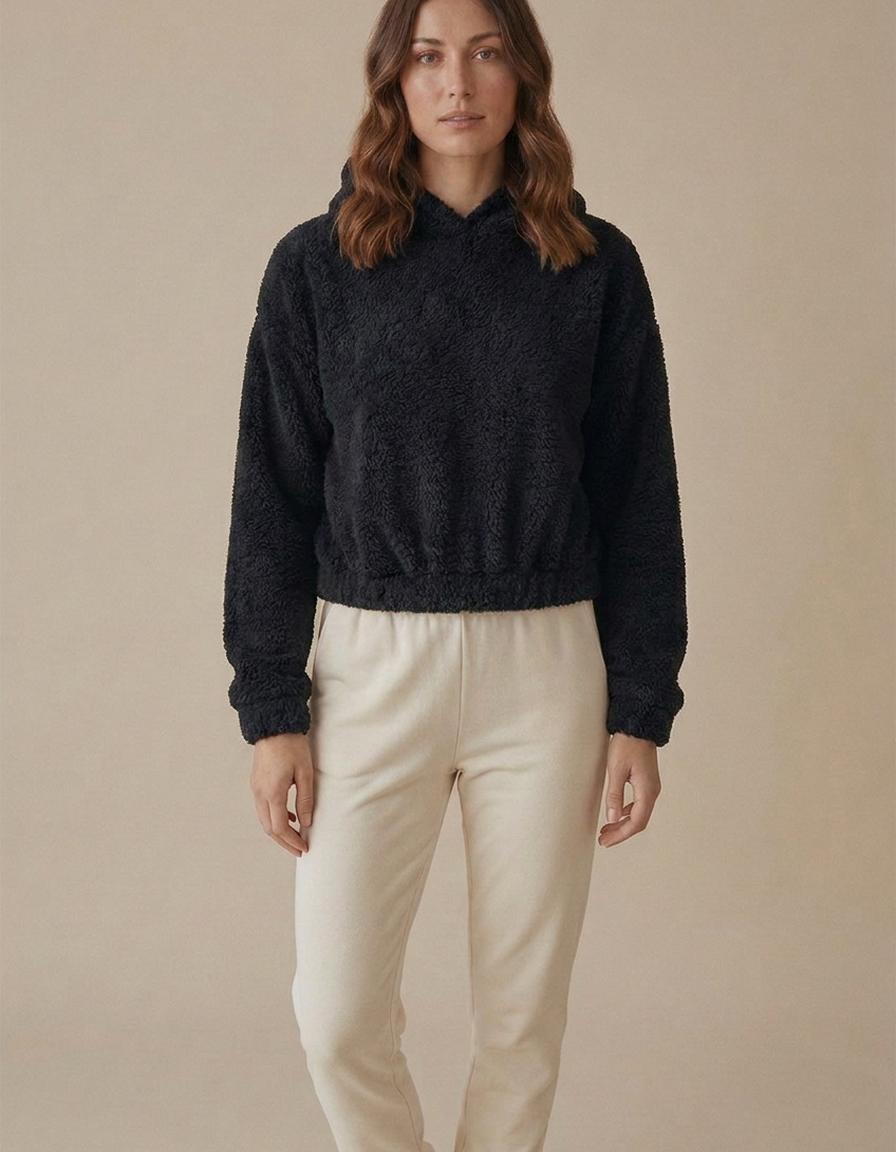 Elsa | Sudadera de borreguito con capucha y orejas - Negro