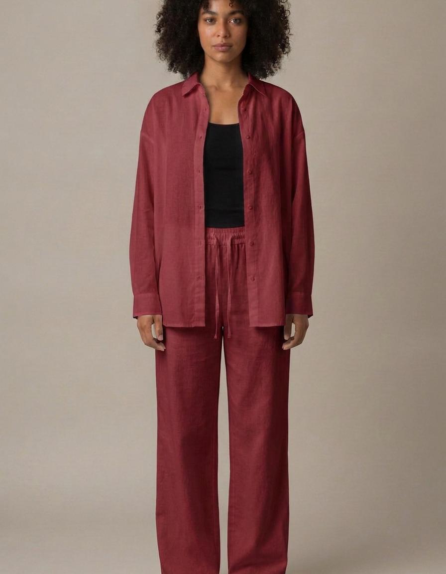 Daniela | Conjunto camisa y pantalón de algodón - Rojo vino