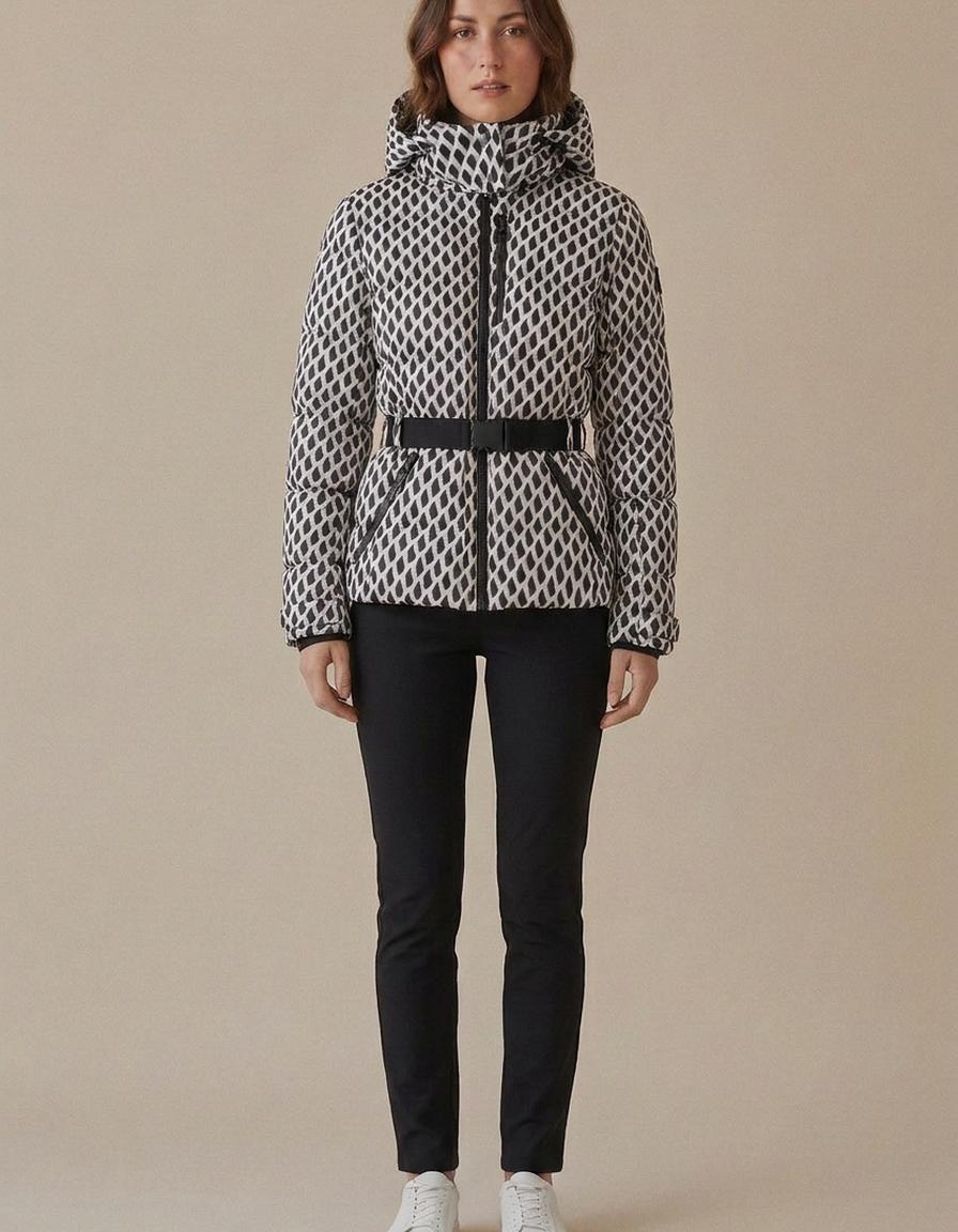Ximena | Chaqueta de esquí con cinturón - Rombos blanco y negro