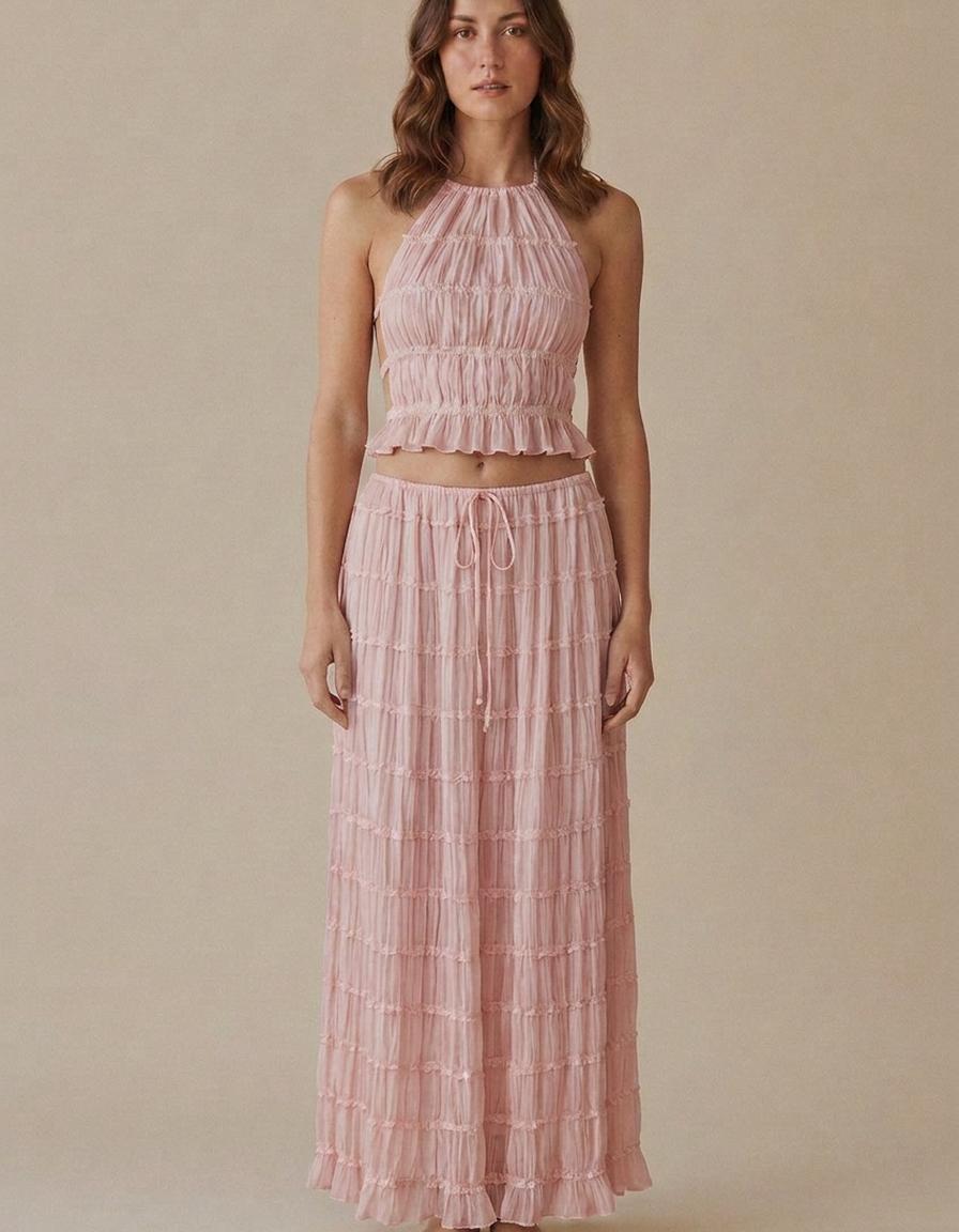 Candela | Conjunto top halter y falda larga - Rosa