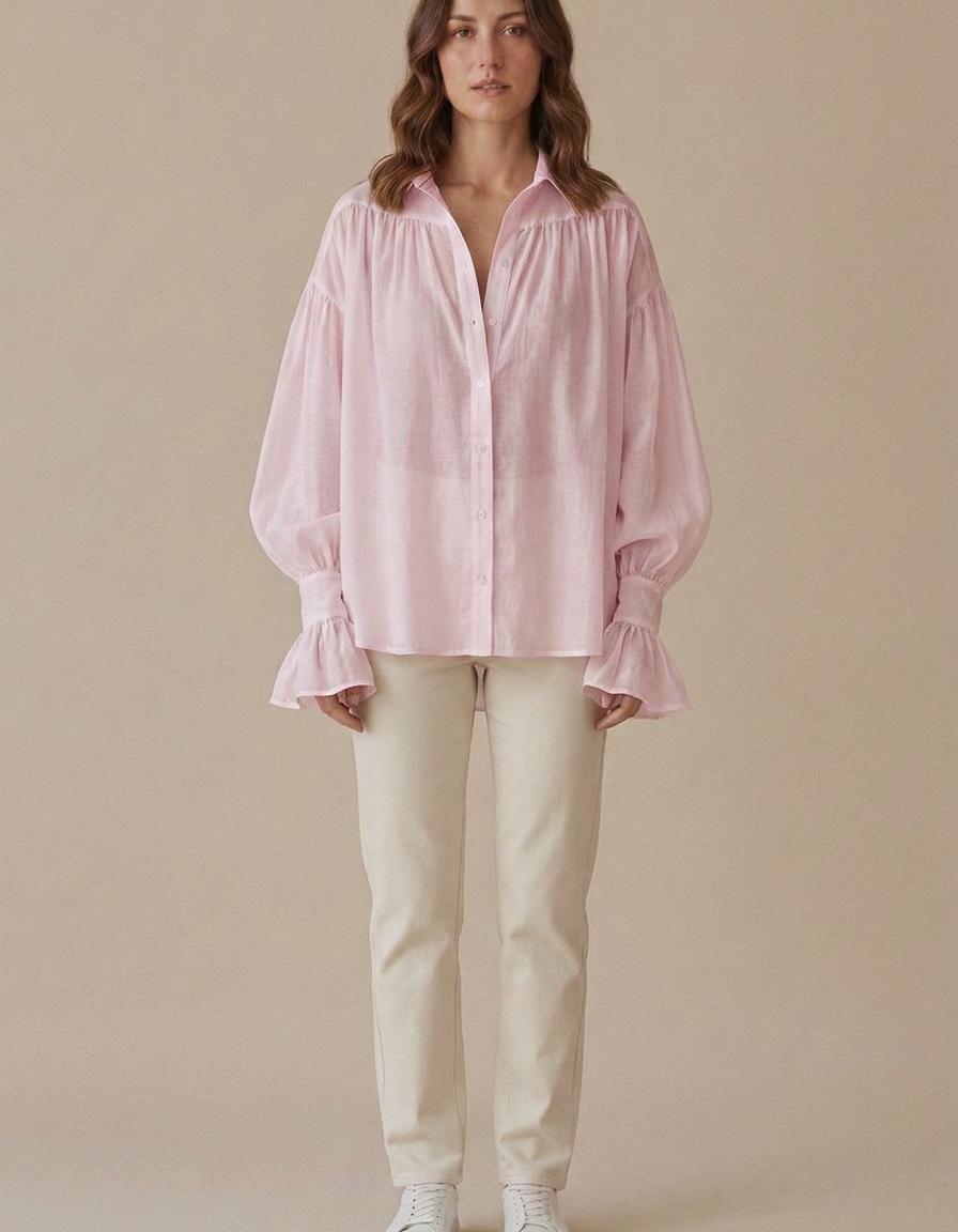 Joana | Blusa amplia con manga globo y volante - Rosa