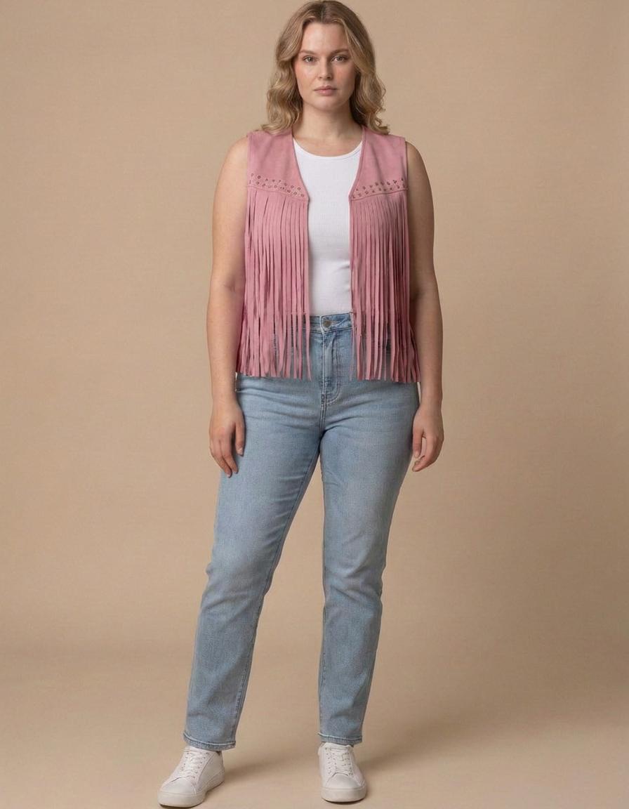 Sandra | Chaleco de flecos en ante - Rosa
