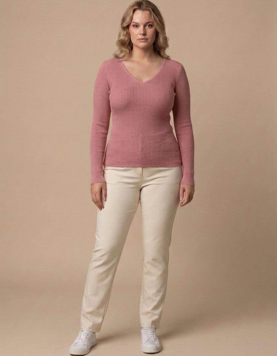 Lorena | Jersey de canalé con escote en pico - Rosa