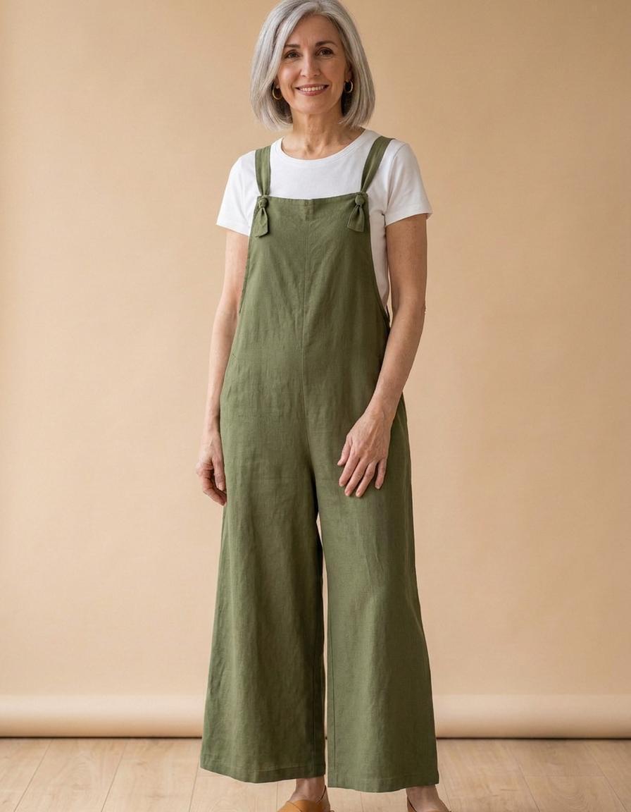 Rita | Peto de lino de pierna ancha - Verde militar