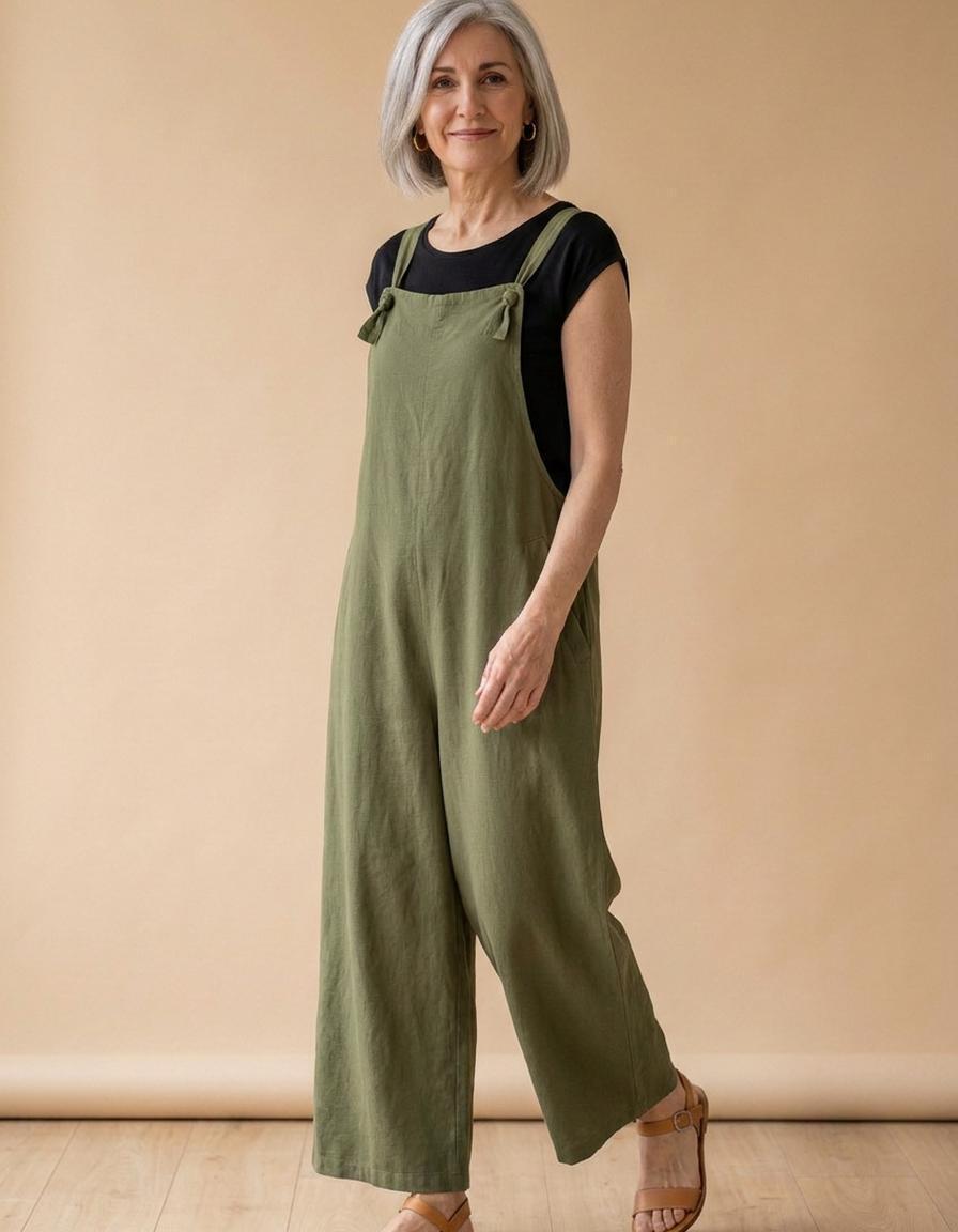 Rita | Peto de lino de pierna ancha - Verde militar