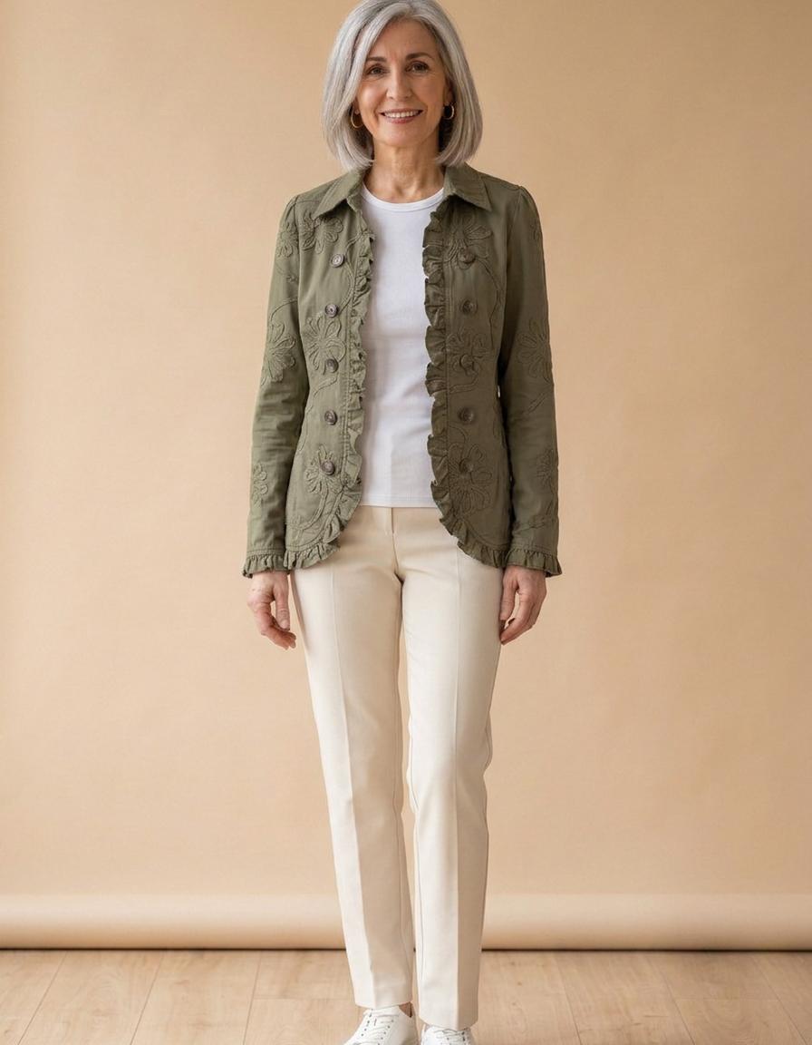 Alejandra | Chaqueta con volantes bordada verde - Verde retro